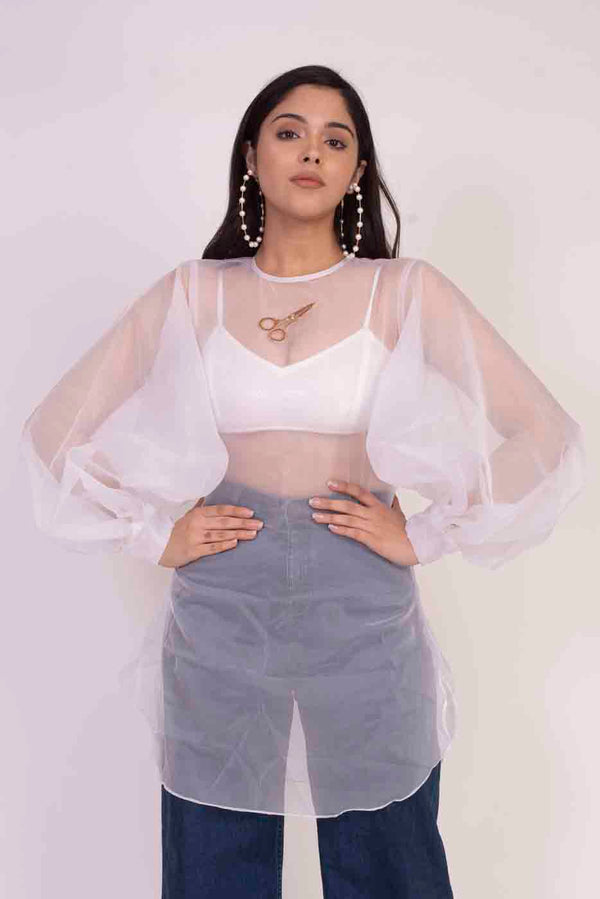 Women's White Organza Scissors Patch Top - Khumaar- Shuchi Bhutani