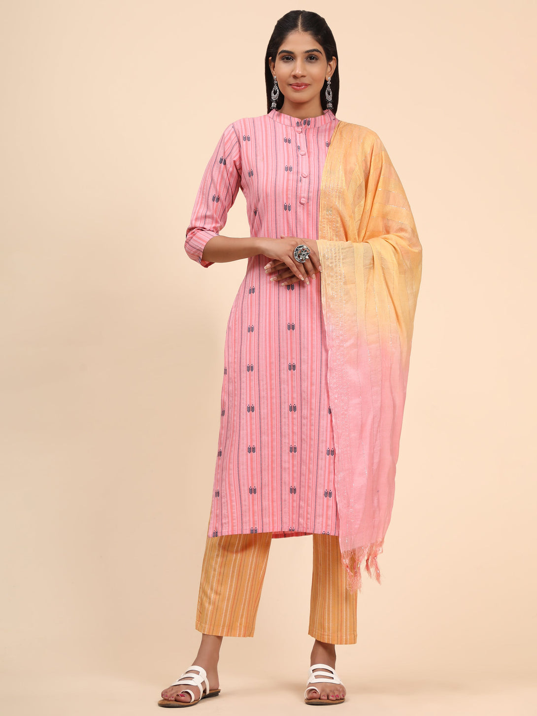 Women's Printed Straight Cotton Blend Baby Pink Stitched Kurta Pant With Dupatta - Vbuyz