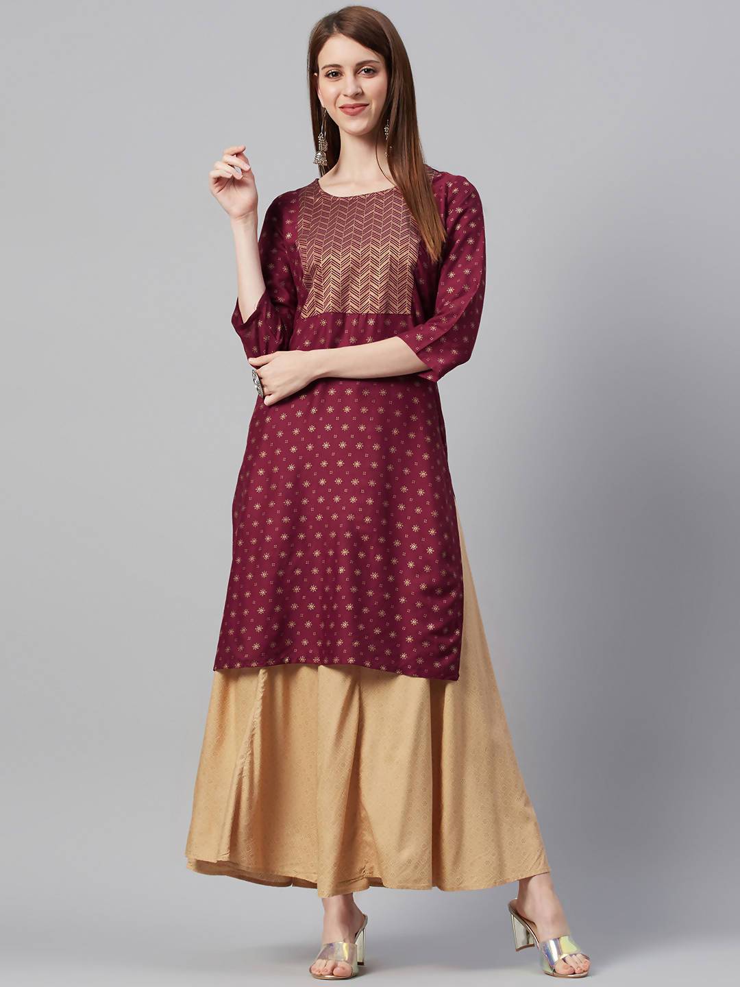 Women's Maroon Rayon Printed Straight Kurta - Juniper