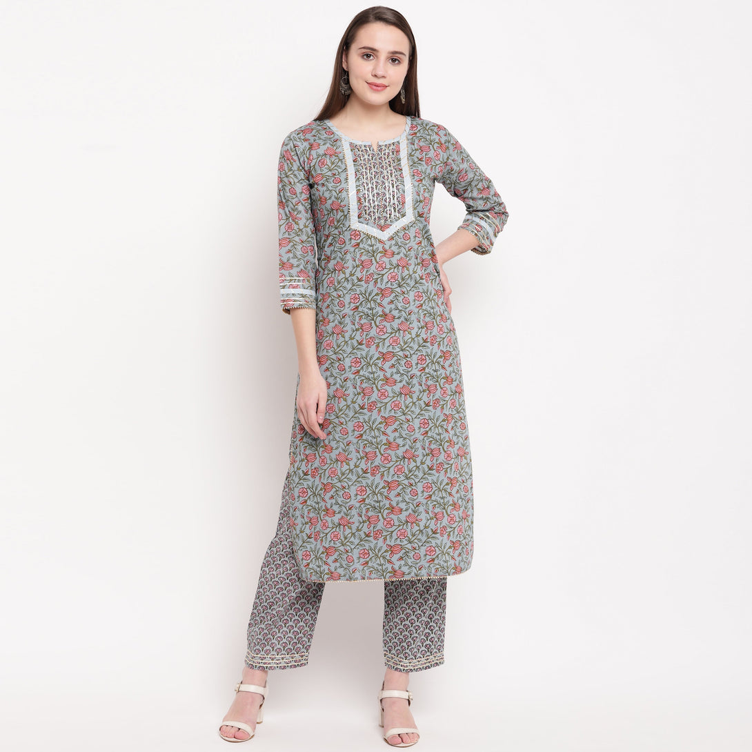 Women's Printed Straight Cotton Grey Kurti With Pant Set  - Vbuyz