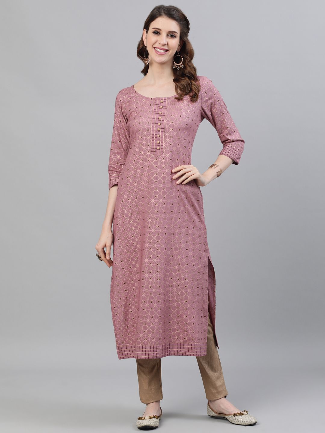 Women's Mauve Gold Printed Straight Kurta - AKS