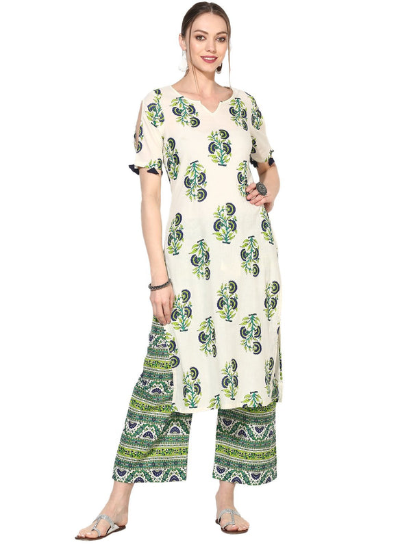 Women's White Cotton Blend Printed Short Sleeve V Neck Casual Kurta Set - Myshka