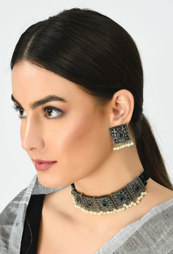 Kamal Johar Oxidised Silver-Plated Black Nacklace with Earrings Jkms_075