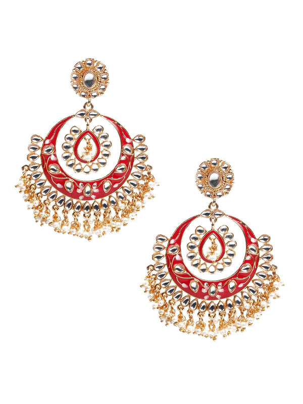 Women's Kundan Studded Meenakari Chandbali Earrings - Odette