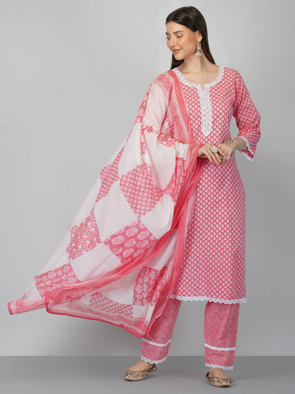 Women's Pink Cotton Blend Kurta And Pant Set - Noz2Toz