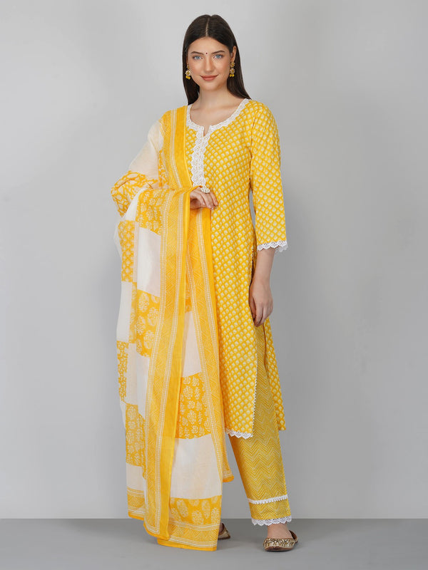 Women's Yellow Cotton Blend Kurta And Pant Set - Noz2Toz