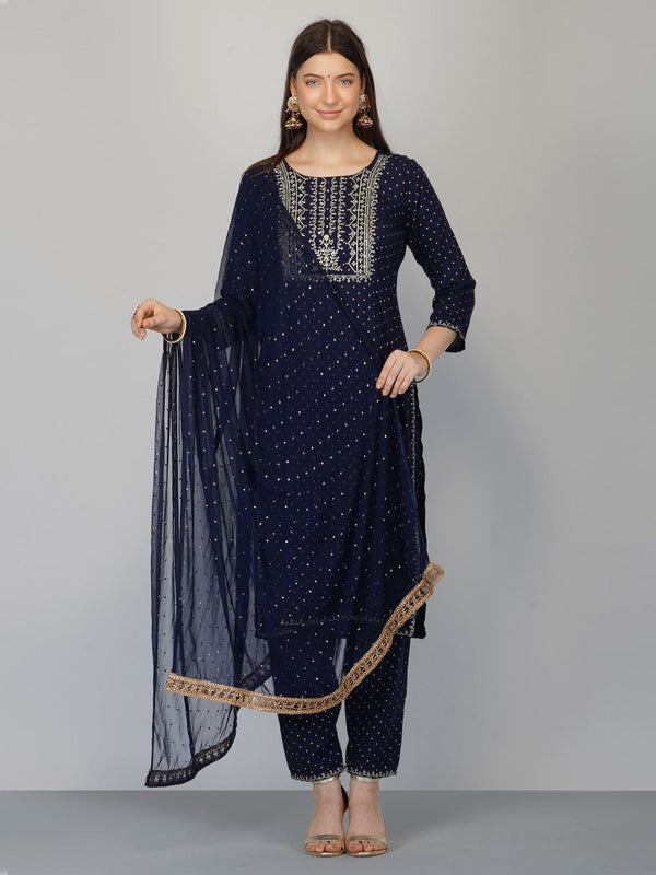 Women's Navy Blue Cotton Blend Kurta And Pant Set - Noz2Toz