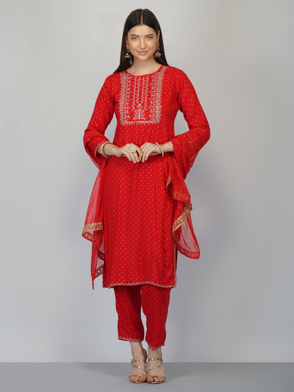 Women's Red Cotton Blend Kurta And Pant Set - Noz2Toz