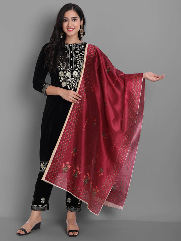 Women's Black Embroidered Velvet Kurta With Trousers & Withã¢ Dupatta - Noz2Toz