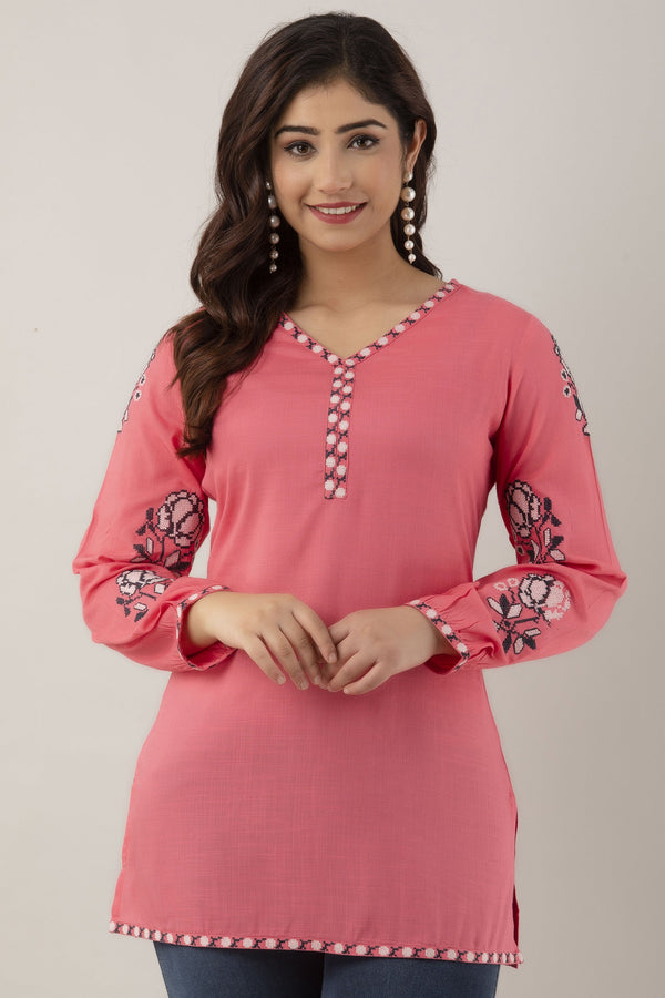 Women's Embroidered Viscose Rayon Regular Top (Peach) - Charu