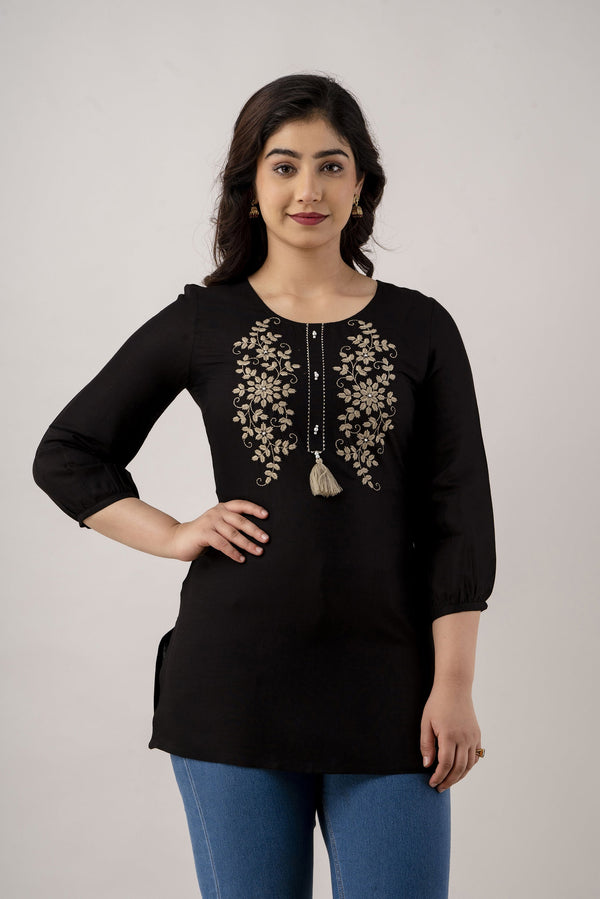 Women's Embroidered Viscose Rayon Regular Top (Black) - Charu