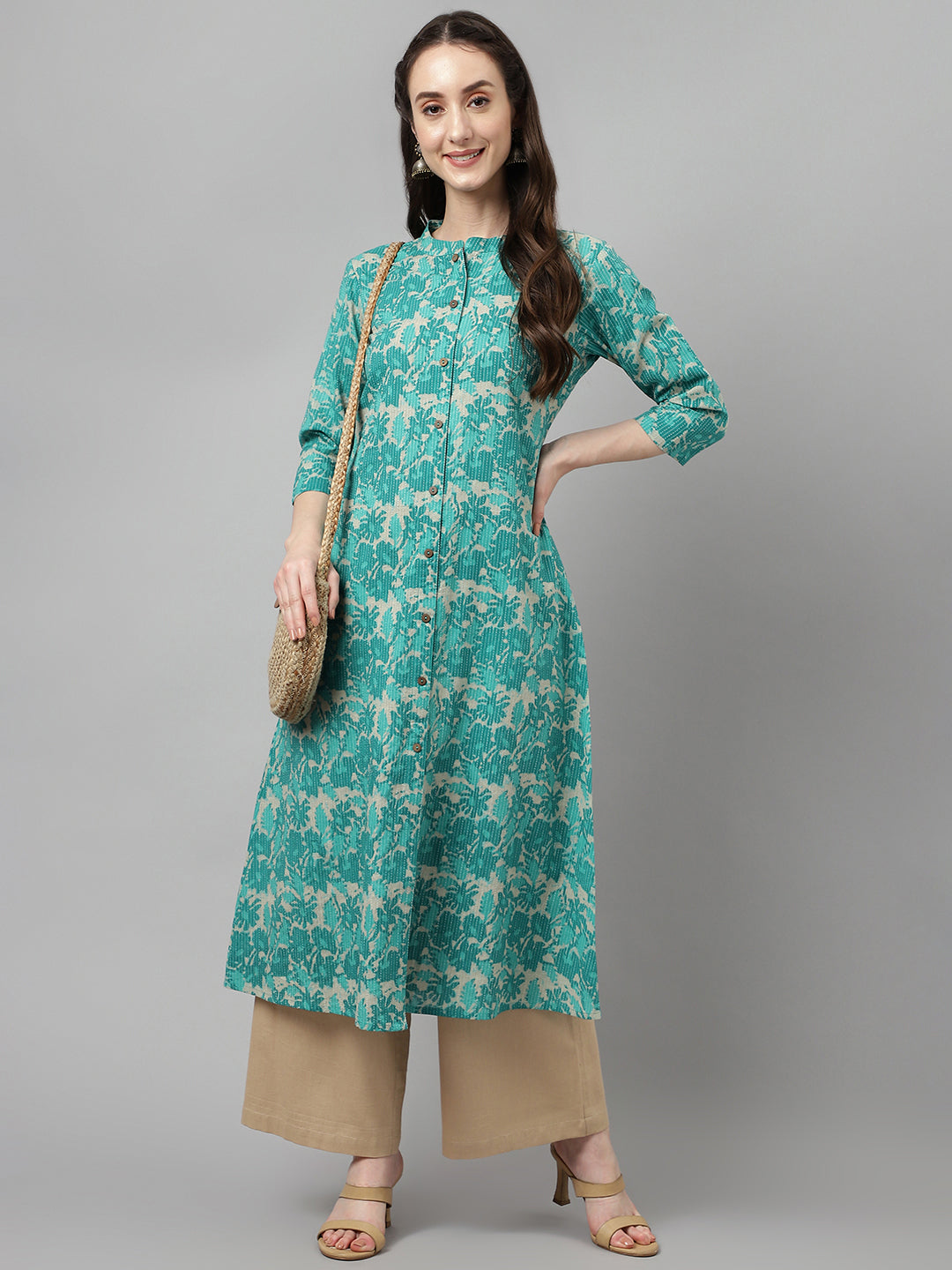 Women's Floral Printed Teal Green Cotton A-Line Kurta - Fiorra