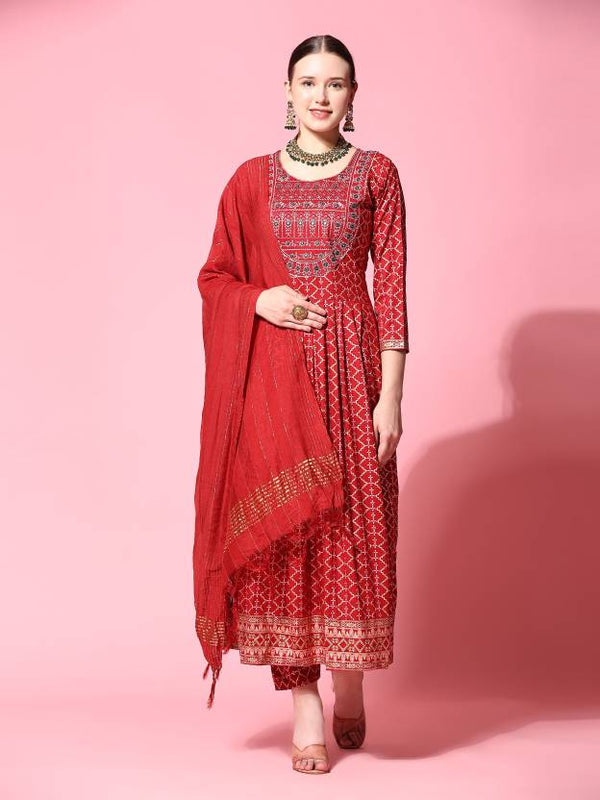 Women's Ethnic Motifs Printed Pleated Thread Work Kurta With Trousers & Dupatta - Noz2Toz