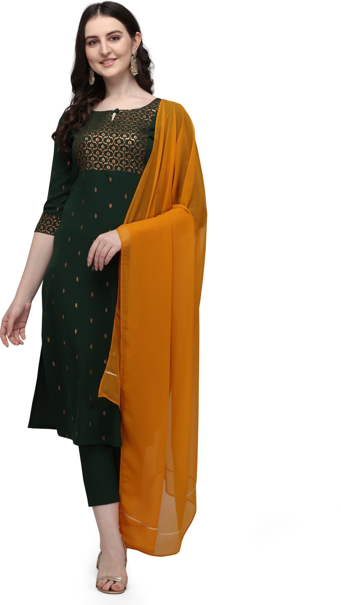 Women's Green Poly Crepe Straight Kurta Pant With Dupatta - Fiorra