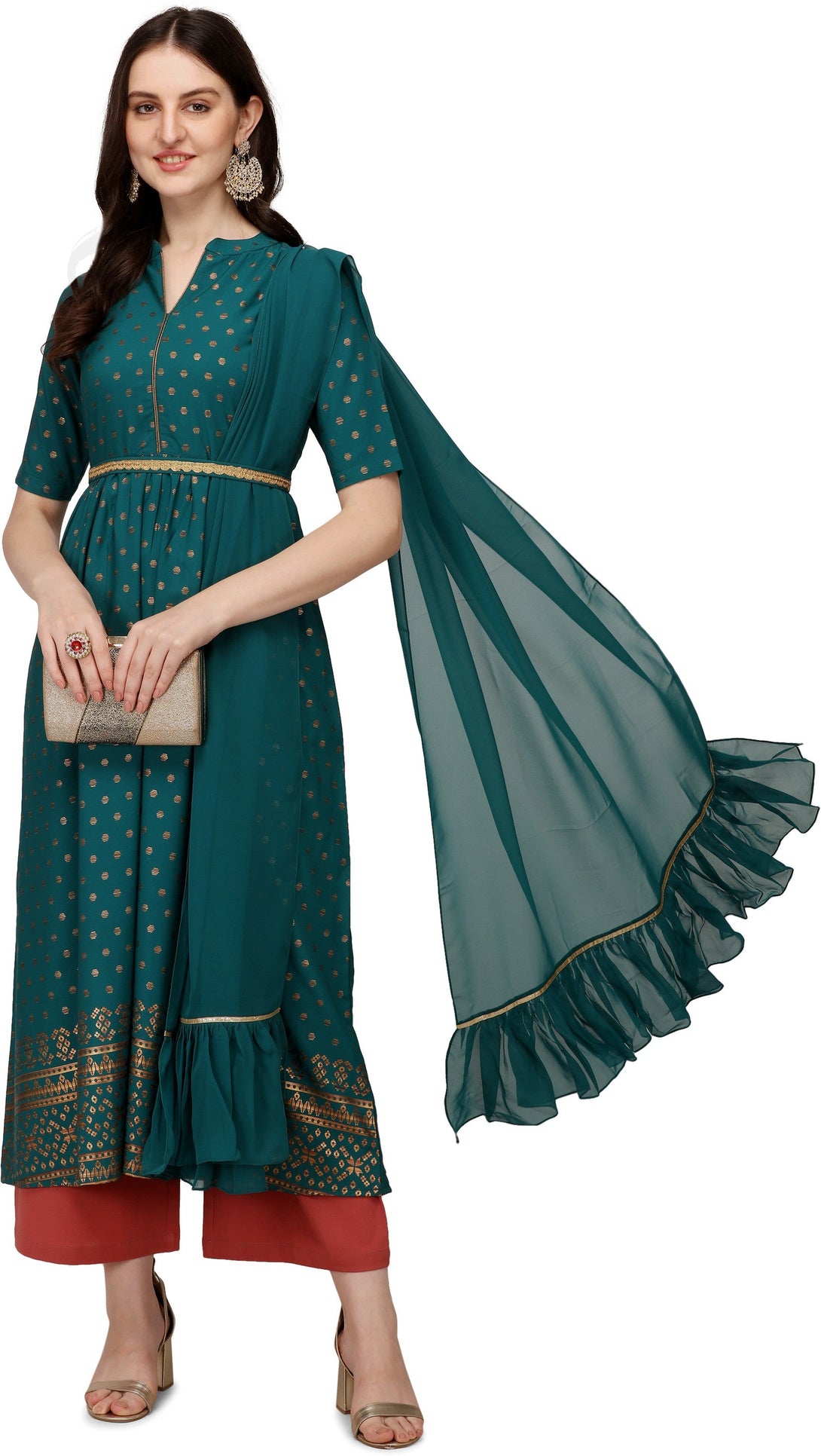 Women's Turquise Poly Crepe Flared Kurta With Dupatta - Fiorra