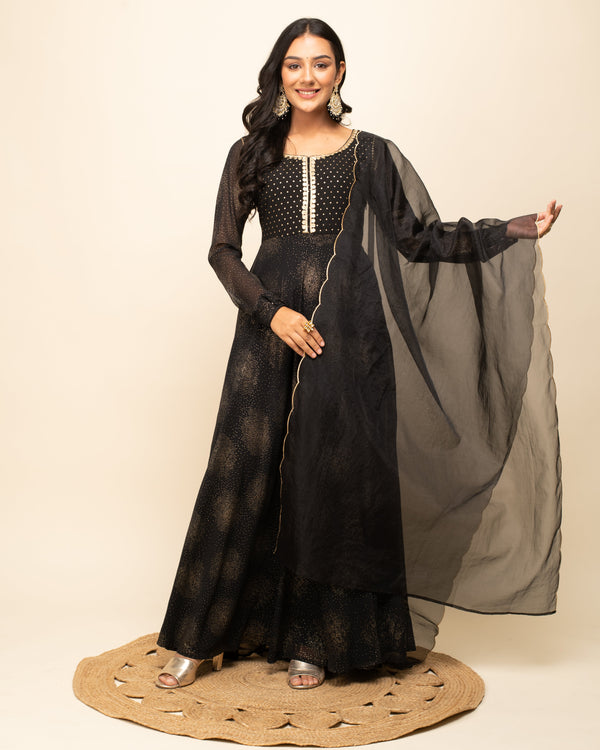 Women's Black Georgette Flared Kurta With dupatta - Fiorra