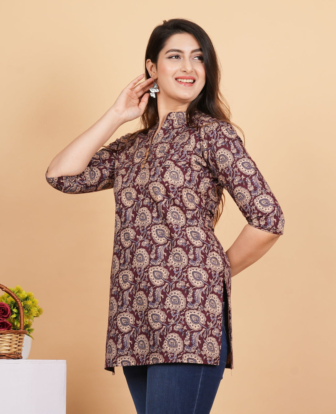 Women's Kalamkari Print Straight Cotton Purple Stitched Tunic - Vbuyz