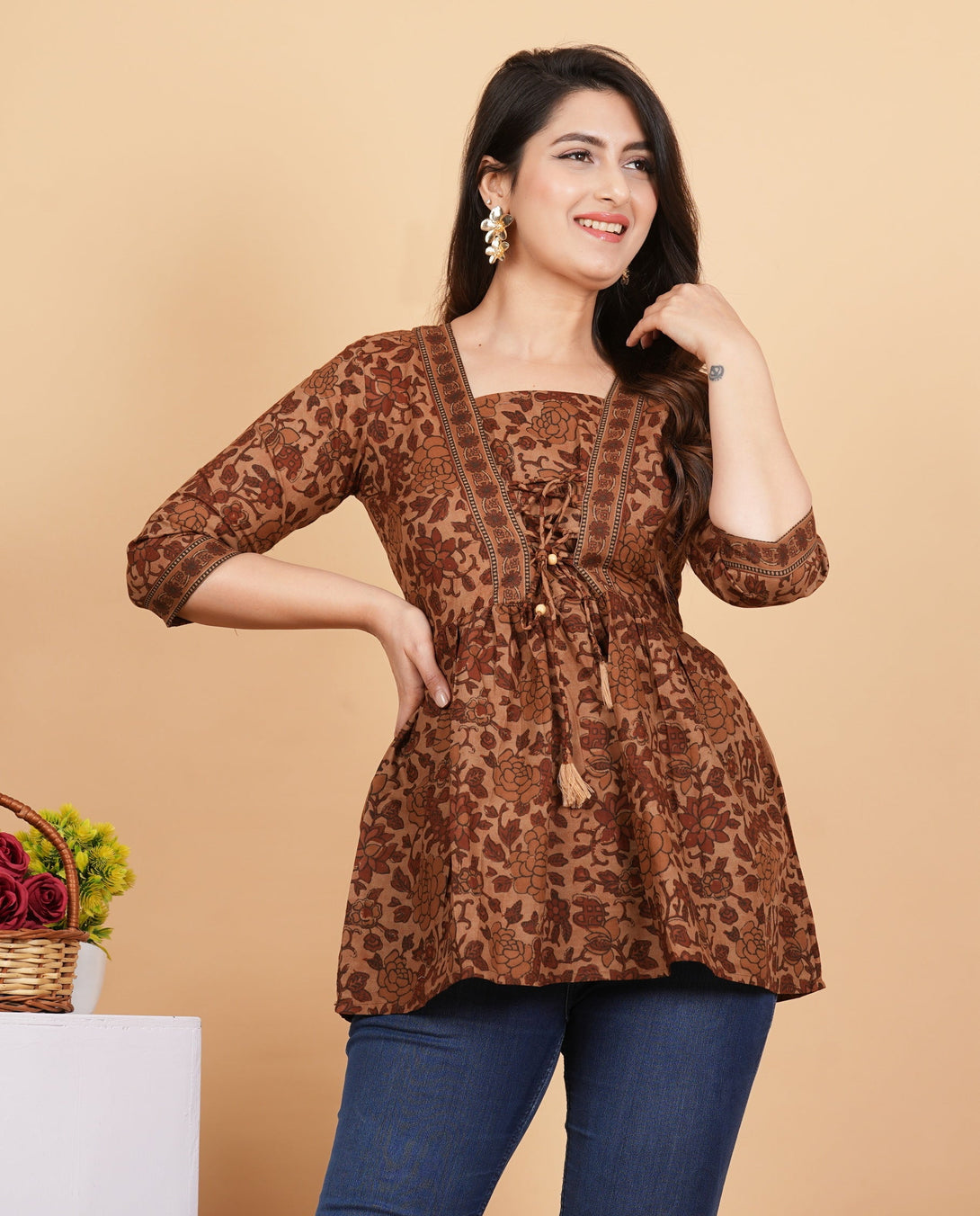 Women's Floral Print Flared Cotton Brown Stitched Tunic - Vbuyz