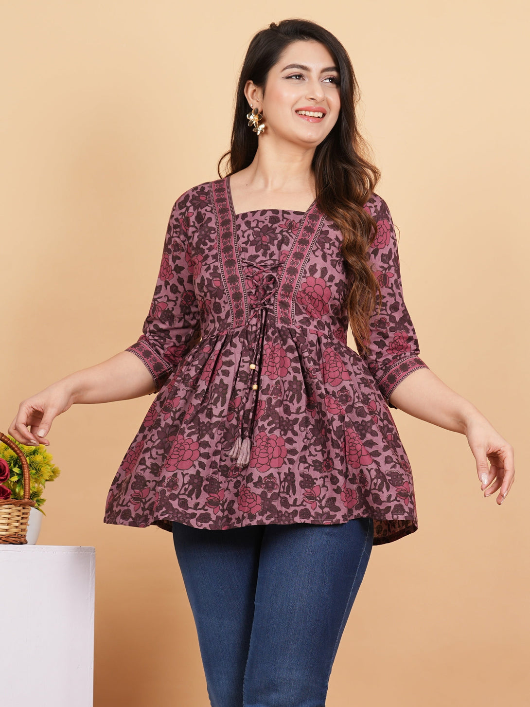 Women's Floral Print Flared Cotton Purple Stitched Tunic - Vbuyz