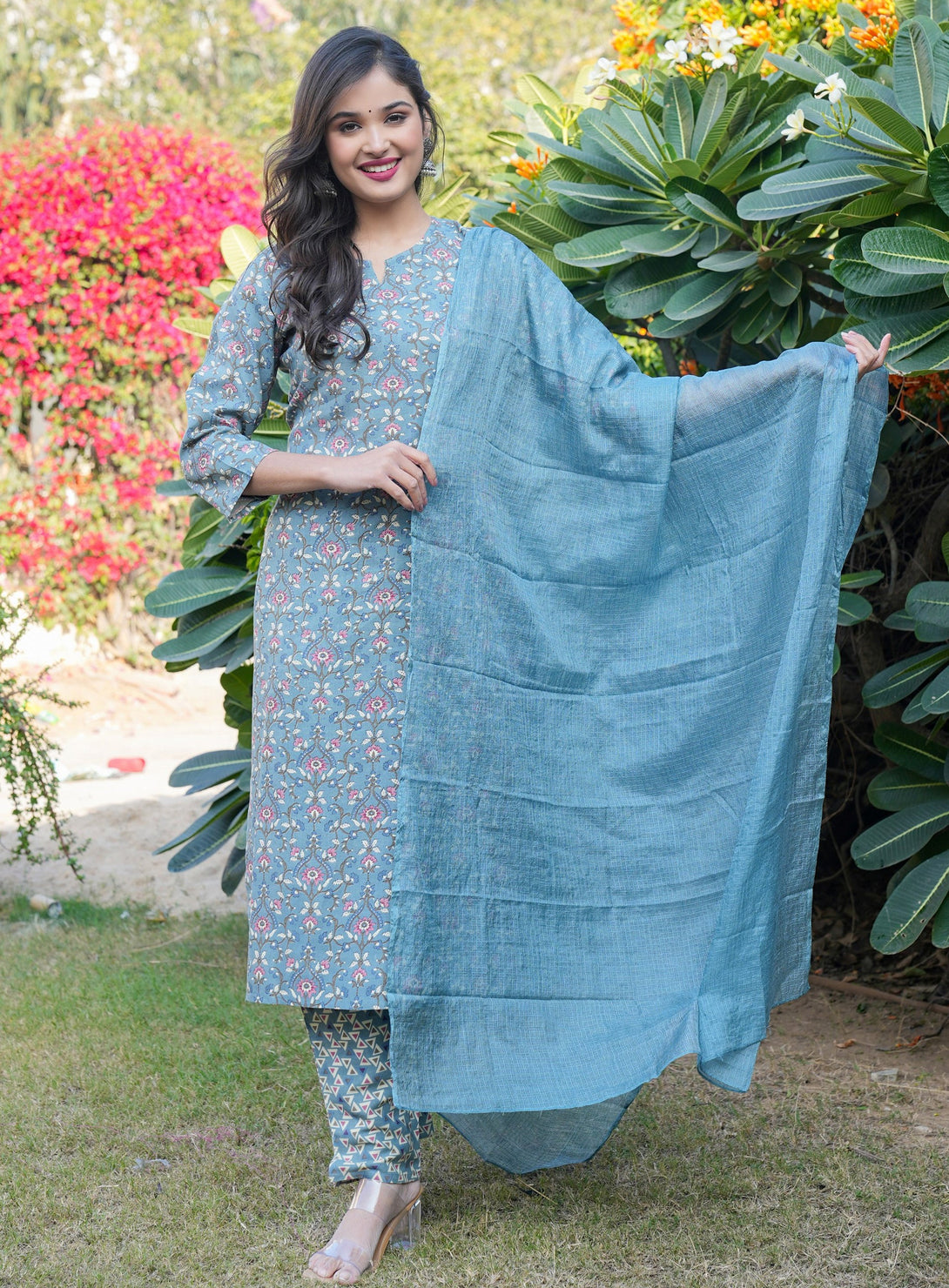 Women's Floral Print Straight Rayon Light Blue Stitched Kurta Pant With Dupatta - Vbuyz