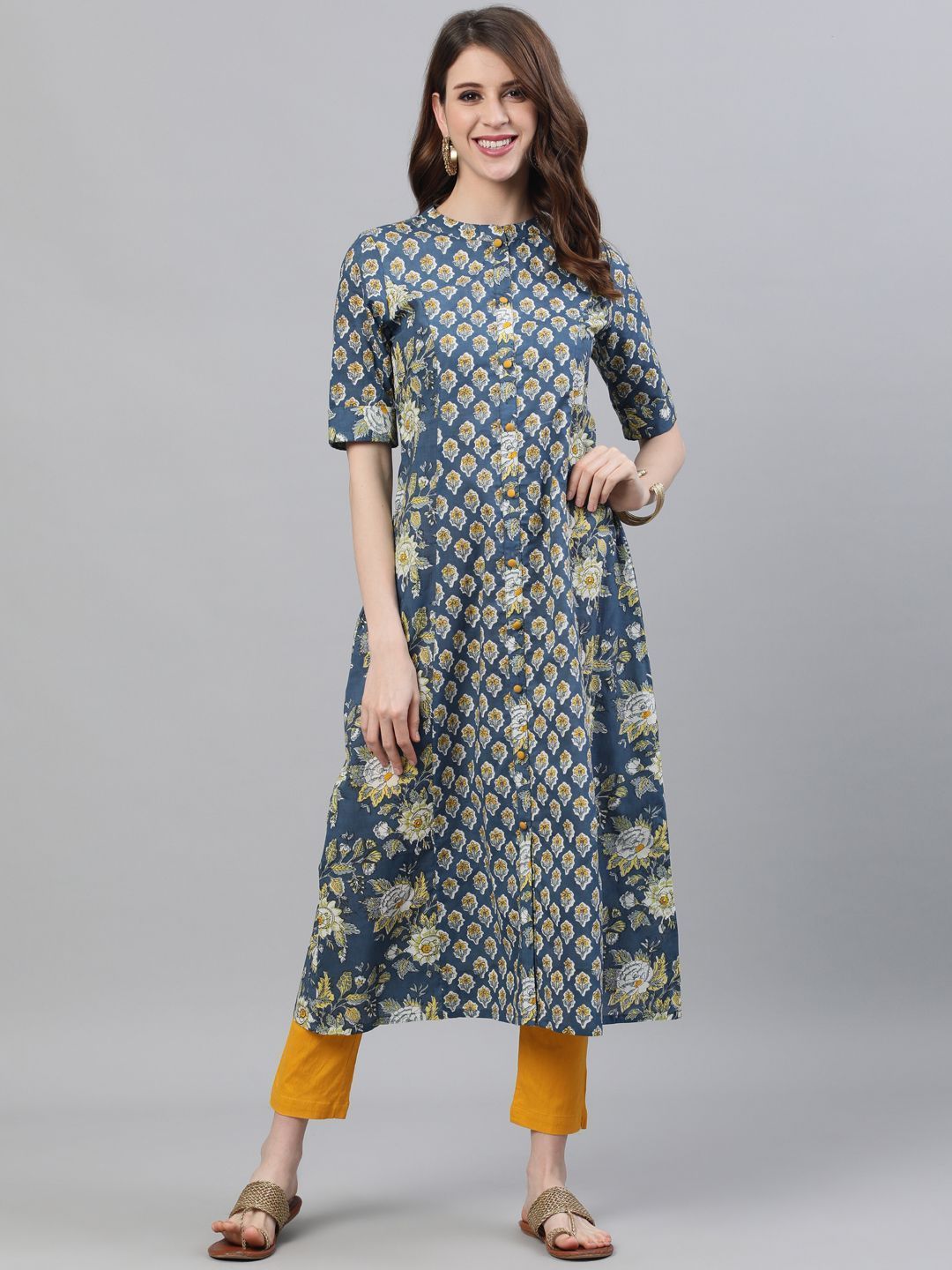 Women's Blue Floral Printed A-Line Kurta - AKS