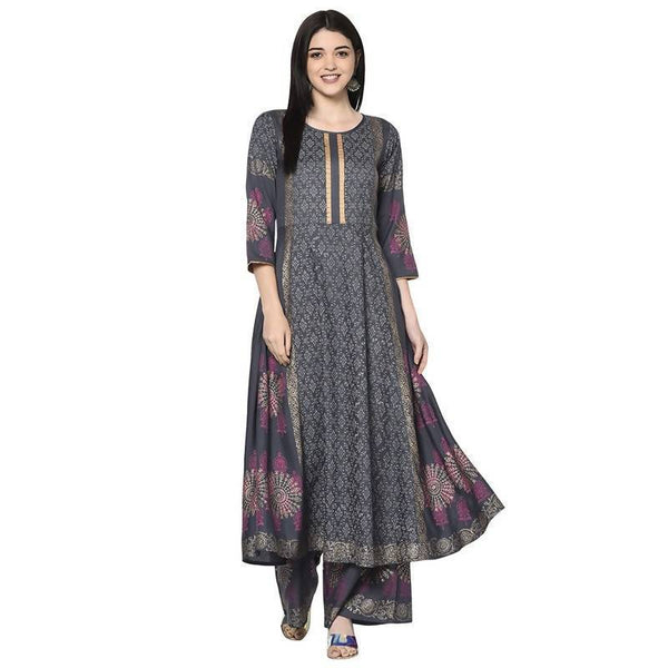 Women's Dark Grey Rayon Block print Anarkali Palazzo set - Aniyah