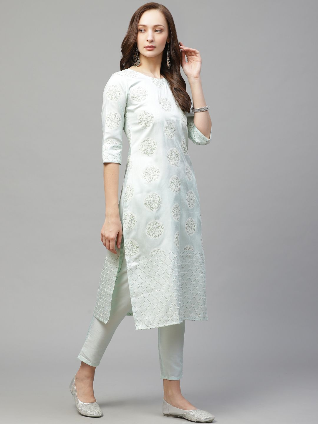 Women's Mint Green Poly Silk Khadi Straight Kurta With Pant Set - Ziyaa