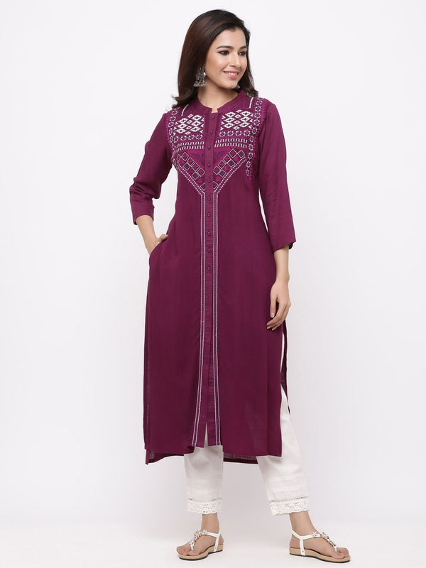 Women's Ruby Rayon Slub Embroidered Straight Kurta - Juniper