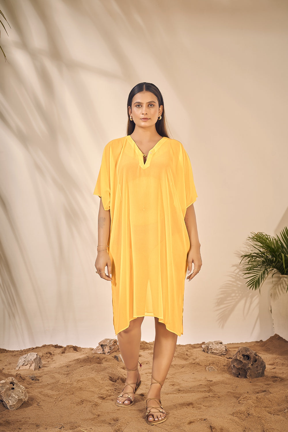 Women's Plus Size Beach Wear V Neck Yellow Kaftan Cover Up Dress - Curvy Lane