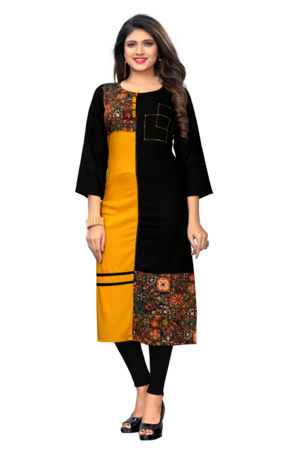 Women's Black & Yellow Rayon Kurta By Vbuyz (1Pc)