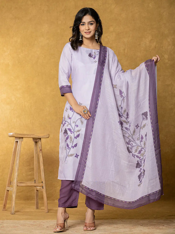 Lavender And White Linen Kurta Dupatta Pant Set