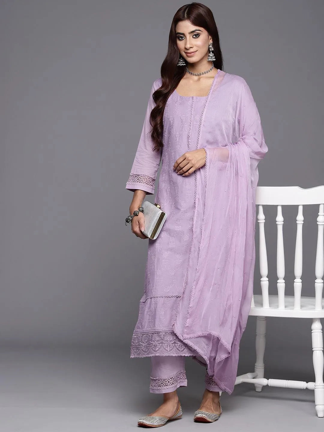 Lavender Embroidered Cotton Straight Kurta With Trousers & Dupatta - Jashvi