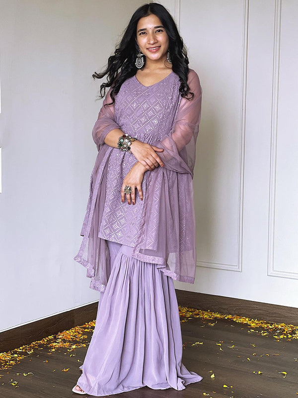 Lavender Embroidered Georgette A-Line Kurta With Sharara & Dupatta - Jashvi