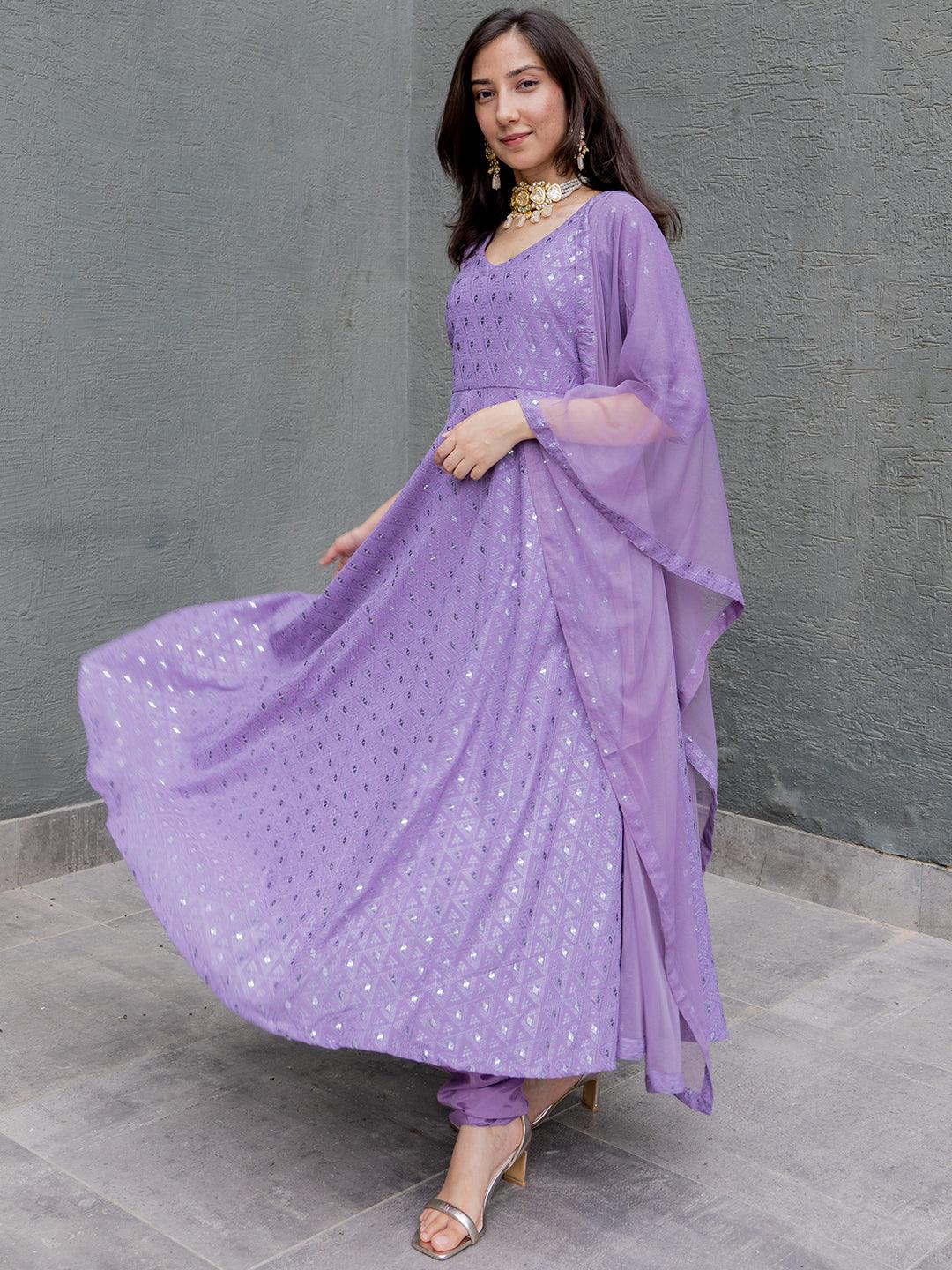 Lavender Embroidered Georgette Anarkali Kurta With Churidar & Dupatta - Jashvi