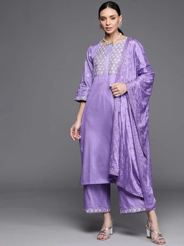 Lavender Embroidered Silk Blend Suit Set - Jashvi