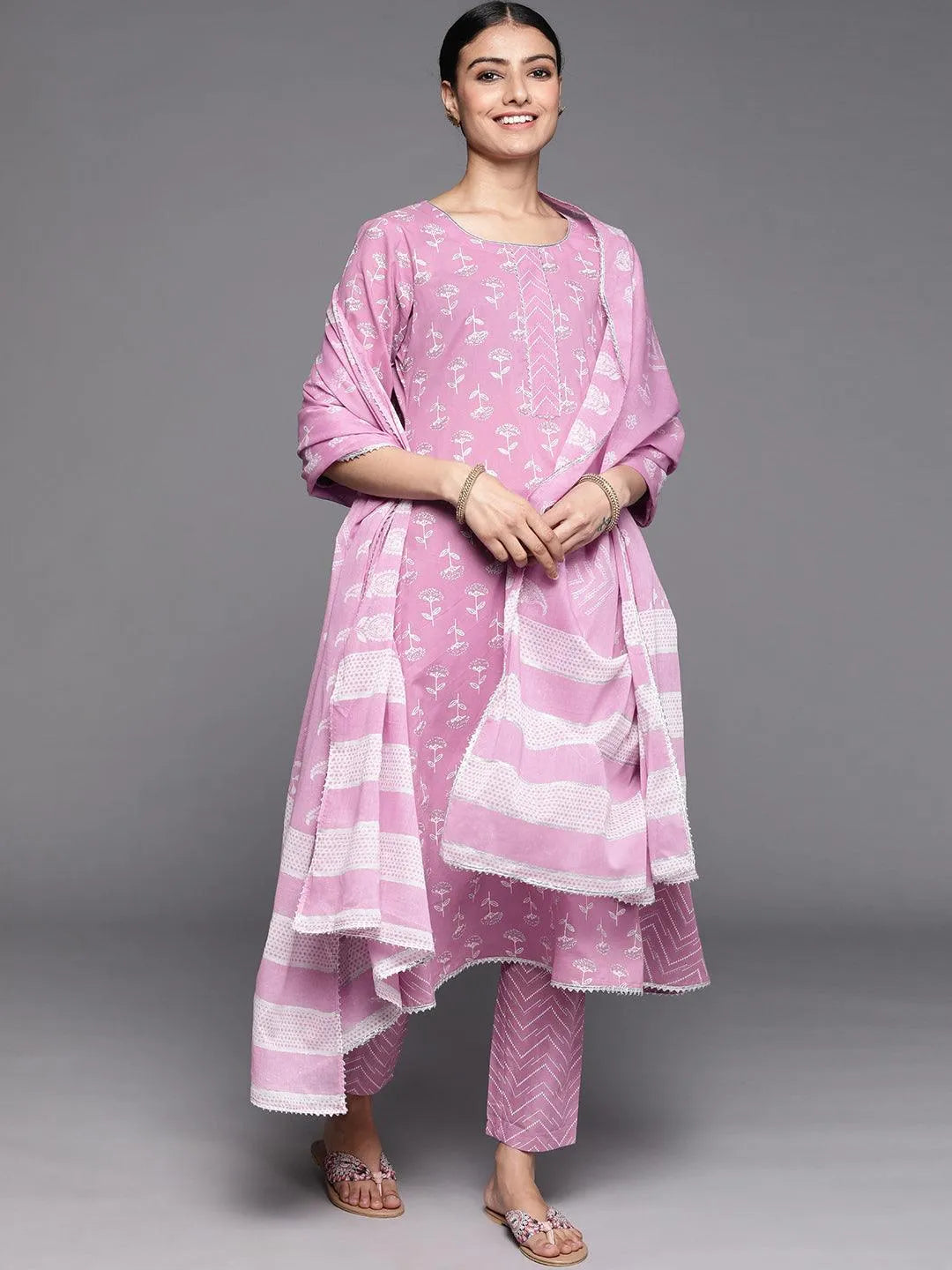 Lavender Printed Cotton Suit Set - Jashvi