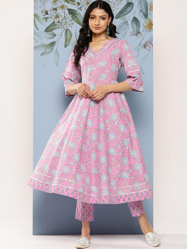 Lavender Printed Cotton Anarkali Kurta Set With Trousers - Jashvi