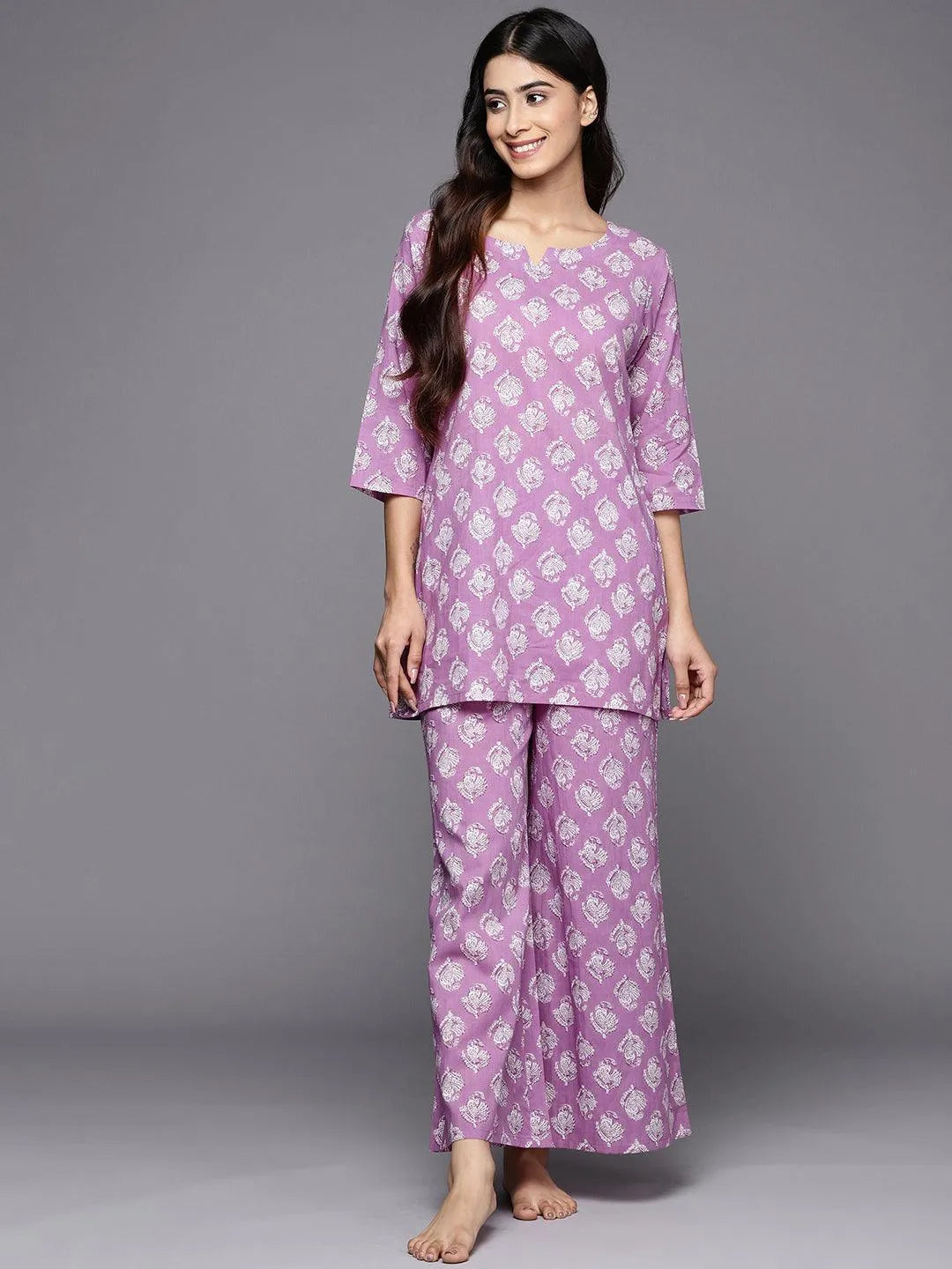 Lavender Printed Cotton Night Suit - Jashvi