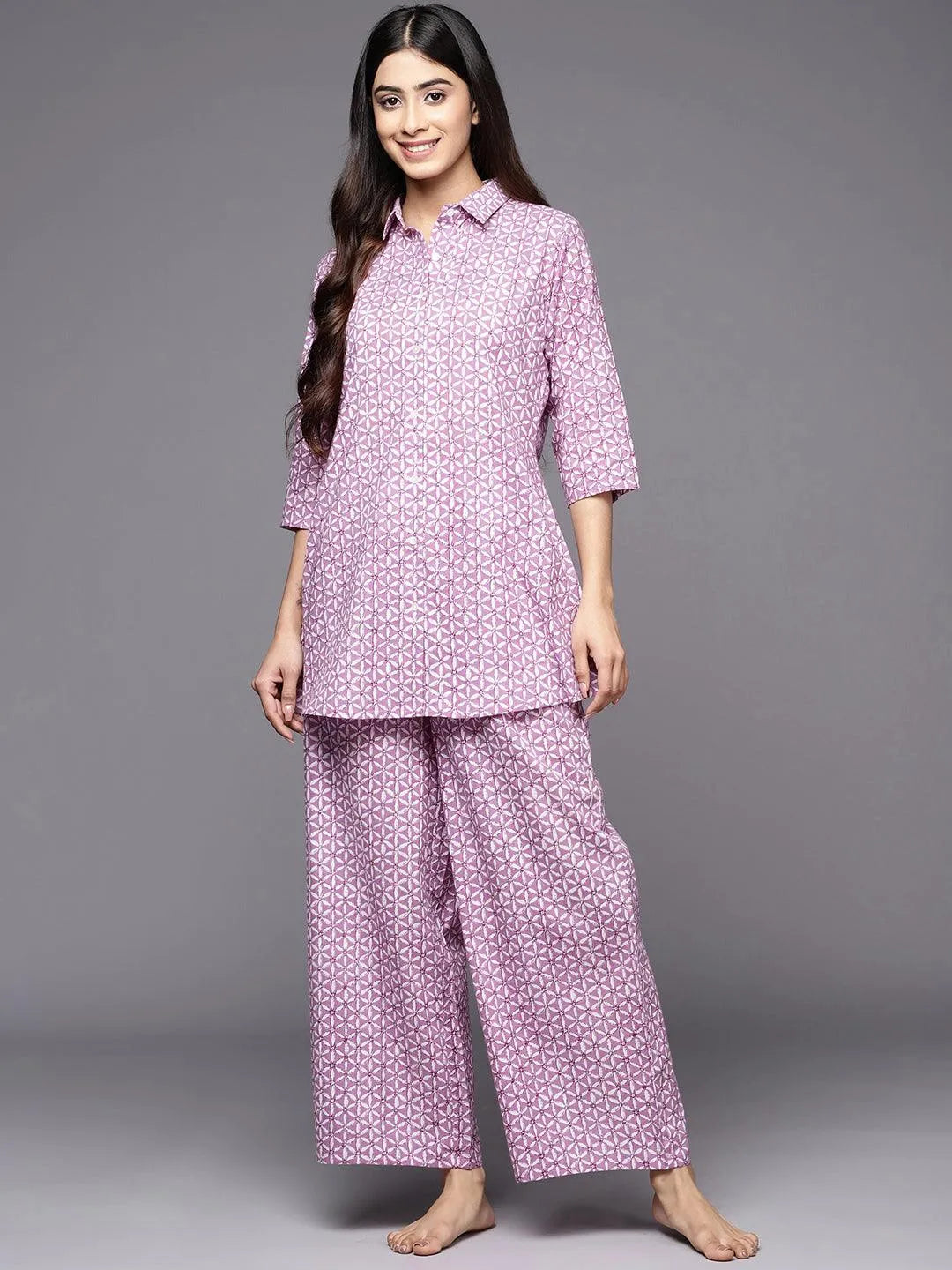 Lavender Printed Cotton Night Suit - Jashvi