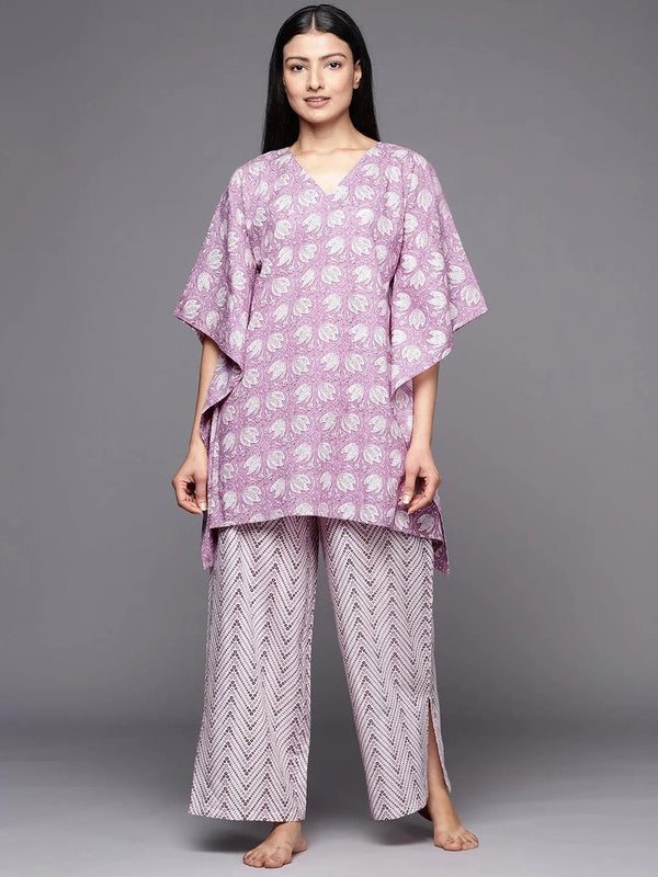 Lavender Printed Cotton Night Suit - Jashvi