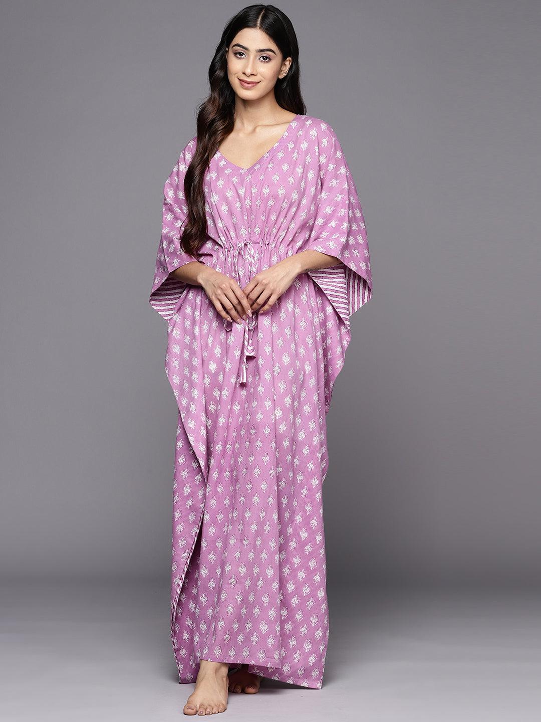 Lavender Printed Cotton Nightdress - Jashvi