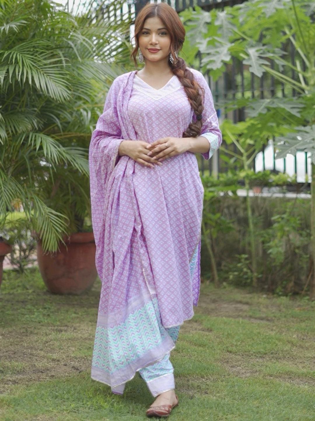 Lavender Printed Cotton Straight Kurta With Salwar & Dupatta - Jashvi