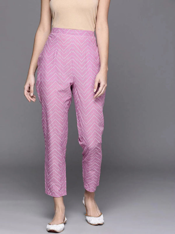 Lavender Printed Cotton Trousers - Jashvi