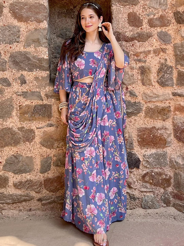 Lavender Printed Georgette Lehenga Saree - Jashvi