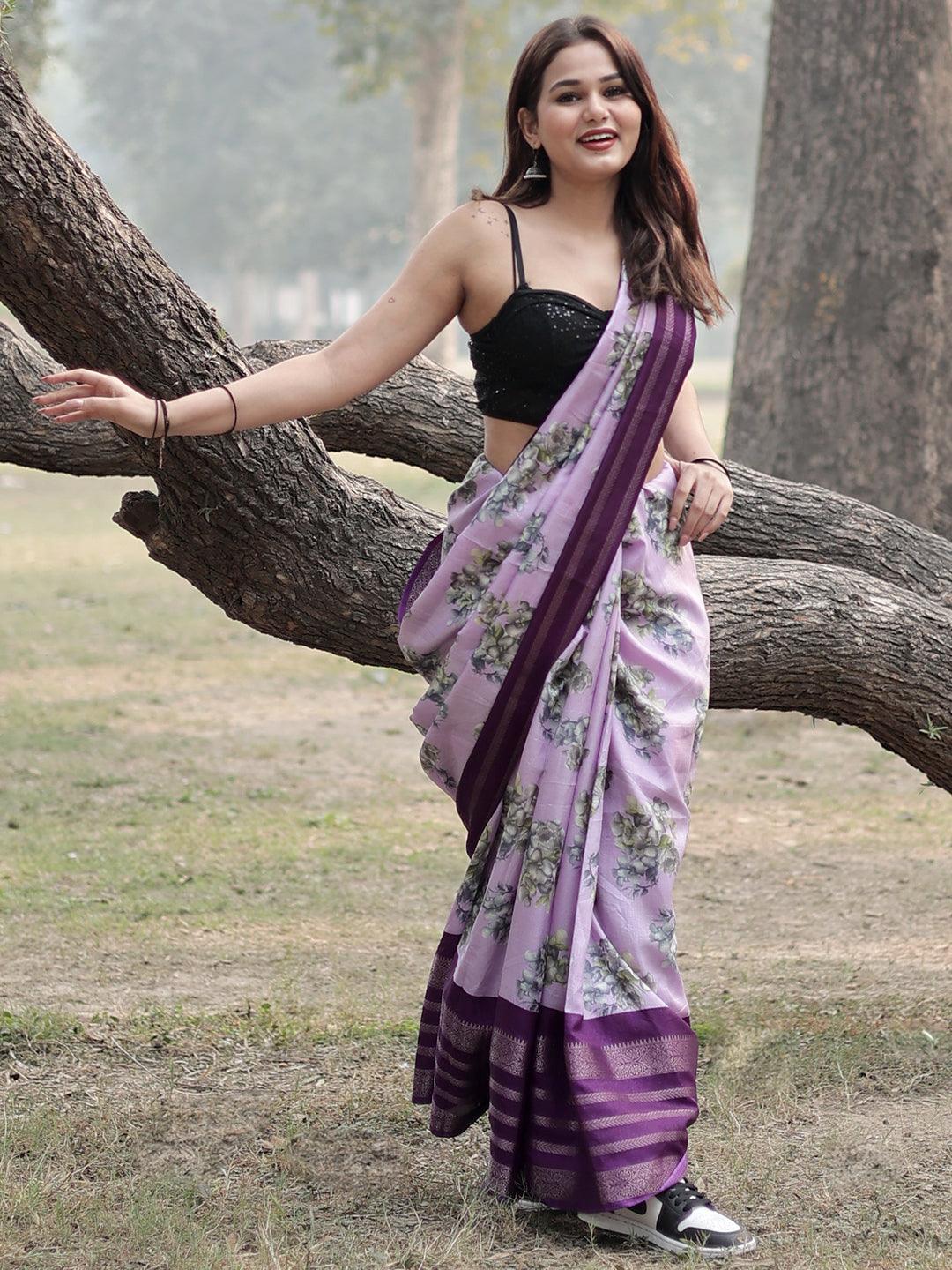 Lavender Printed Silk Blend Saree - Jashvi