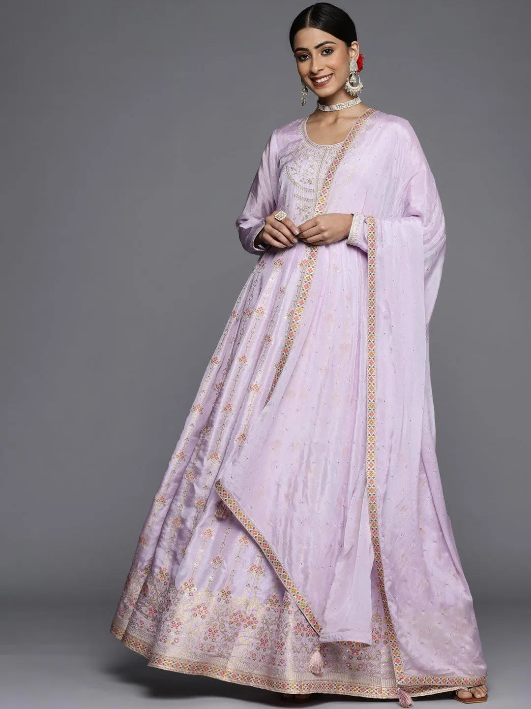 Lavender Self Design Silk Anarkali Suit Set - Jashvi