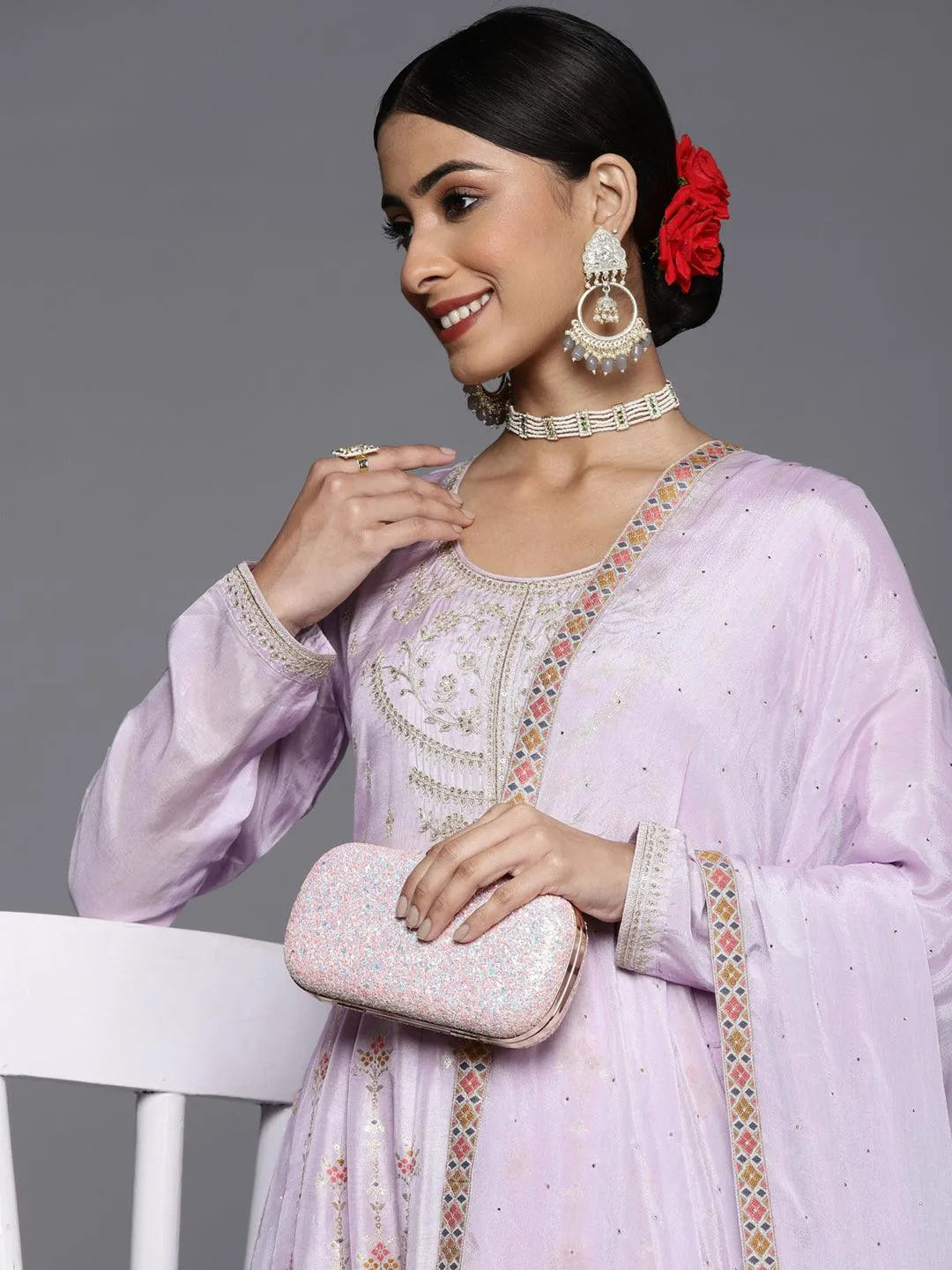 Lavender Self Design Silk Anarkali Suit Set - Jashvi