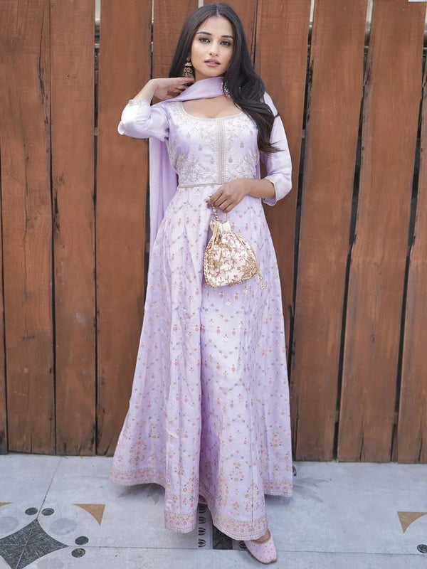 Lavender Self Design Silk Blend Anarkali Kurta With Churidar & Dupatta - Jashvi