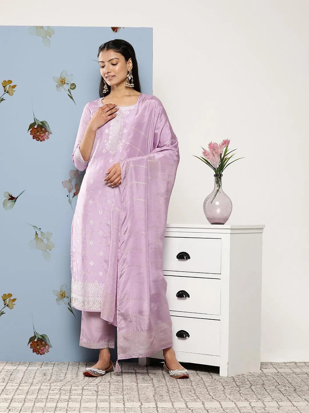 Lavender Self Design Silk Blend Suit Set With Trousers - Jashvi