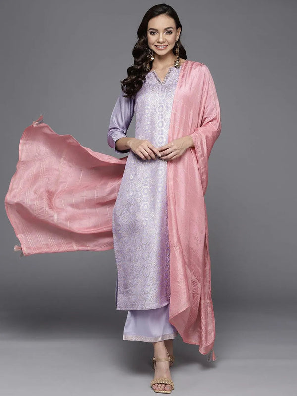 Lavender Woven Design Silk Blend Straight Suit Set - Jashvi